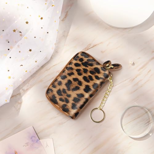 Double Zipper Card Wallet Credit Card Holder Leopard Brown Leather Small Cute Card Wallet for Women with Keychain, Leopard - color: Leopard