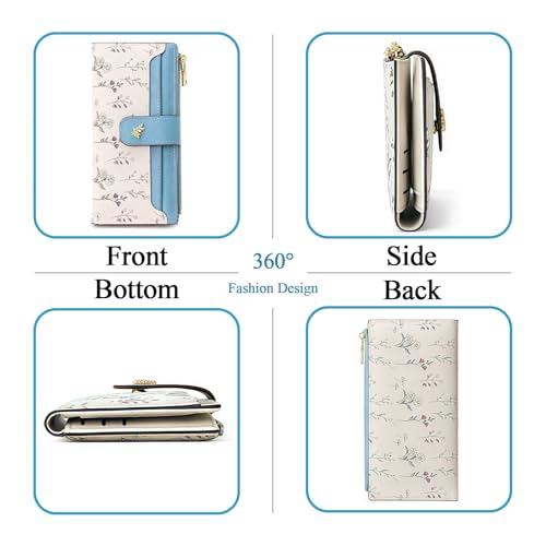 Women's Bifold Long Wallet, Slim & Thin RFID Blocking Floral Vegan Leather Card Holder with Bow Keychain (Blue) - color: Blue