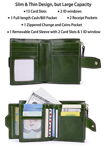Women's RFID Blocking Leather Small Compact Bi-fold Zipper Pocket Wallet Card Case Purse with id Window - color: Waxed Green