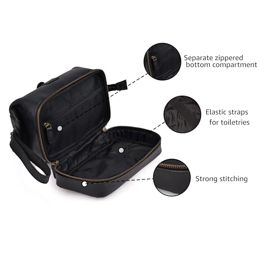 LEATHER VILLAGE Leather Toiletry Bag for Men, Travel Dopp Kit Shaving Bag | Full grain buffalo leather, two zip compartments, 9.6x5.5x5.1 in, YKK zippers, water-resistant lining, shaving kit- Black - color: Black