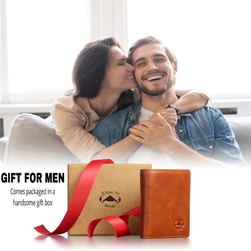 Stealth Mode Trifold Wallet for Men RFID Blocking – Genuine Napa Leather Extra Capacity Mens Wallet, 11 Card Slots, 3 ID Windows, Flip Out ID Holder, Large Tri Fold Leather Wallet for Men - Gift Ready - color: Light Brown