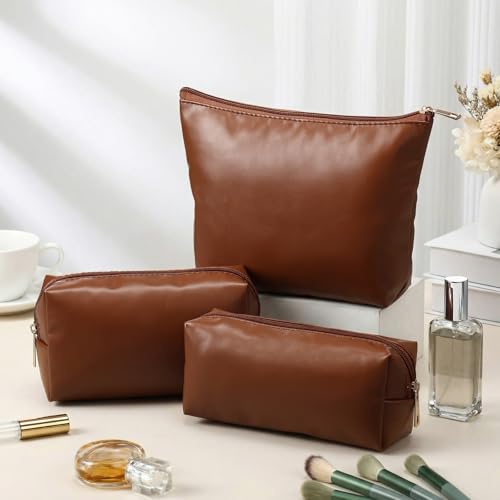 Kigeli 3 Piece Leather Makeup Bag Set Graduation Women Gifts PU Leather Makeup Toiletry Bag Bridesmaid Cosmetic Pouch Small Aesthetic Travel Purse for Wedding Birthday Women Gifts(Brown) - color: brown