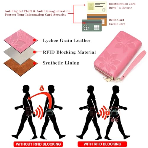 GOIACII Women's Wallet RFID Blocking Leather Wristlet | 2 Zip Around, Large Capacity, Credit Card Holder, Ladies Phone Clutch Purse - color: A12 Barbie Pink