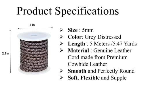 GENIQUE Real/Genuine Round Braided Leather Cord String Rope Folded, Leather Rope for Crafts, Jewelry Making, Necklace, Bracelets (5 Metres) (5mm, Grey Distressed) - color: Grey Distressed, size: 5mm