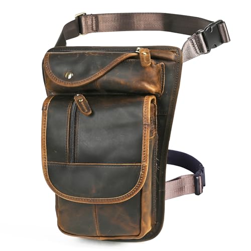 Water Resistant Canvas + Leather Motorcycle Travel Fanny Waist Pack Drop Thigh Leg Bag Pouch For Men Women FB913-5 - color: 100% Genuine Leather-X3112 Brown