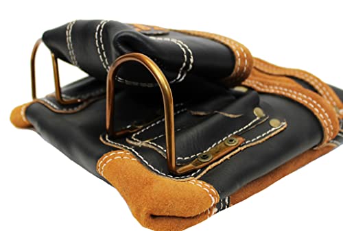Leather Tool Pouch for Carpenter | Best for Electricians, Plumbers, Handyman and Framers | 10 Pockets with 2 Stainless Steel Hammer Holders - color: Black