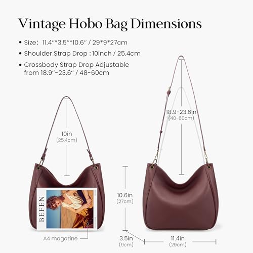 befen Genuine Leather Hobo Crossbody Bags for Women Vintage Leather Purses Soft Handbags Shoulder with 2 Detachable Straps - color: Burgundy