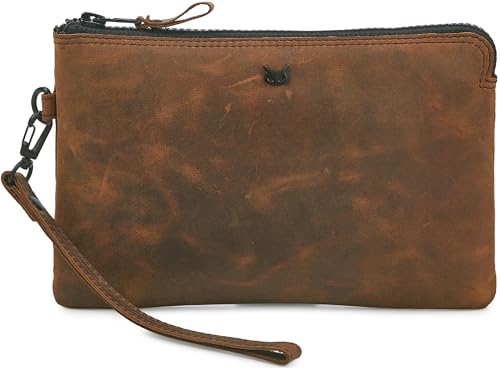 Leather Wristlet Wallet for Women Clutch Handbag Purse with Cell Phone Slot | Genuine Top Grain Leather, 8 Credit Card Slots, Detachable Strap, YKK Zipper, Gifts for Women - color: Cognac Crazy Horse