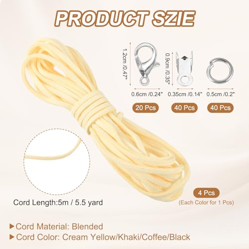 MECCANIXITY 4 Pcs Suede Cord, 5.5 Yards Flat Faux Leather Cord Soft Durable Leather String with Silver Closed-Mouth Ring Rope Clip Lobster Clasps for Art Craft, Cream Yellow/Khaki/Coffee/Black - color: Cream Yellow/Khaki/Coffee/Black
