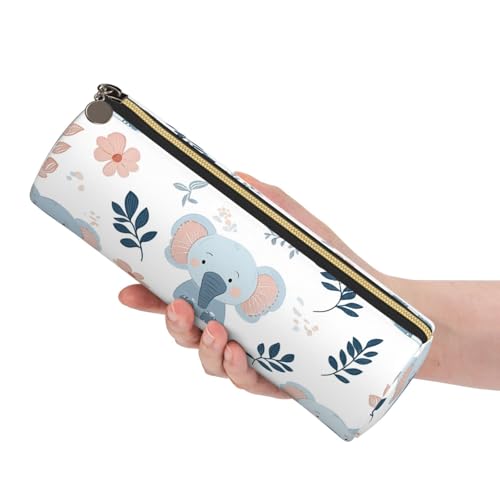 OSAM SPACE Leather Pencil Case Round Pencil Bag Cute Elephant Flowers Pen Organizer Holder Portable Zipper Pouch Cute School Supplies for Girls Boys Study Office - color: Cute Elephant Flowers