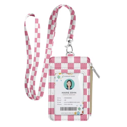 bolimoss ID Badge Holder with Lanyard Wallet for Women Cute Small Card Wallet with Removable Neck Lanyard Side Zipper Pocket Slim Pink Checkered Plaid Leather Credit Card Holder - color: Pink White Checkerboard