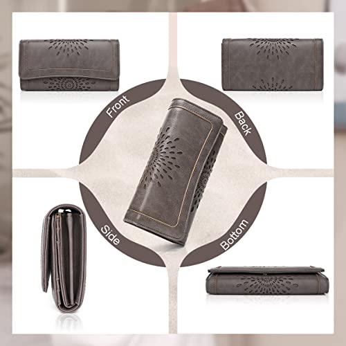 APHISON Womens Wallets RFID Blocking Leather Clutch Long Wallet for Women Card Holder Phone Organizer Ladies Travel Purse Hollow Out Sunflower Design Gift - color: dark-gray
