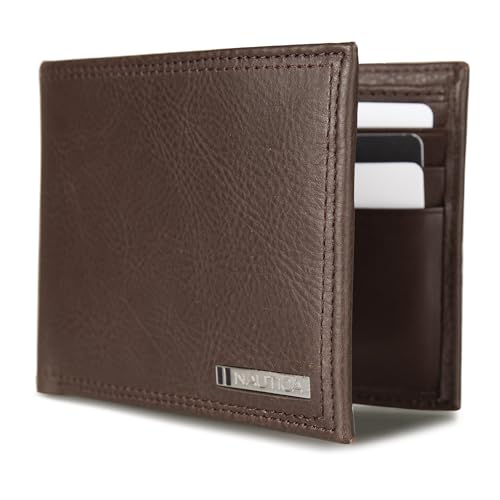 Nautica Men's Bifold Leather Wallet | RFID Blocking | ID Window | Card Slots | Organization | Durable | Stylish - color: Enameled Logo - Brown