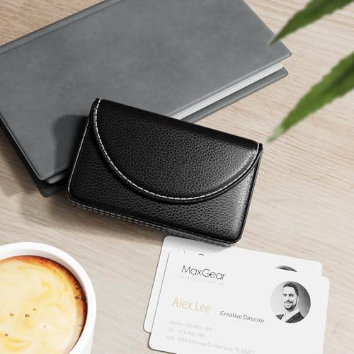 MaxGear Business Card Holder Case, PU Leather Business Card Case, Black | Pocket Name Card Holder Wallet for Purse, Portable Business Card Carrier with Magnetic Closure, Slim Stylish Men Women Gift - color: Black