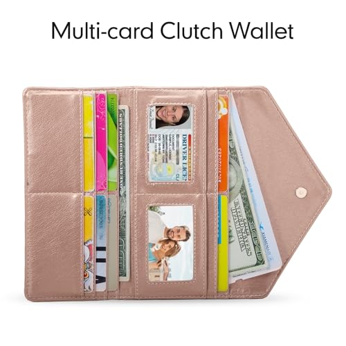 Envelope Wallets for Women Leather Credit Card Holder with RFID Blocking,2 ID Window, Zip Coin Pocket, Rose Gold - color: Rose Gold