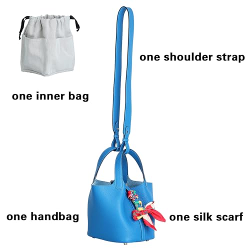 Genuine Leather Bucket Bag with Shoulder Strap, Organizer Insert & Silk Scarf for Women Handbag Tote Bag - color: Electric Blue-gold