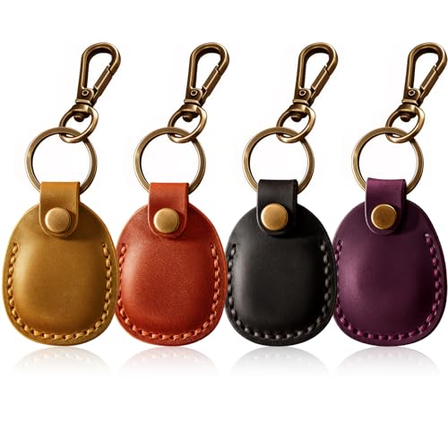 4 Pack Genuine Leather Airtag Holder Compatible with Apple AirTag Keychain 2nd & 1st Gen, Handmade Air Tag Holder with Key Rings, Hidden Airtag Case Accessories - Retro Color - color: Light Brown/Reddish Brown/Black/Purple