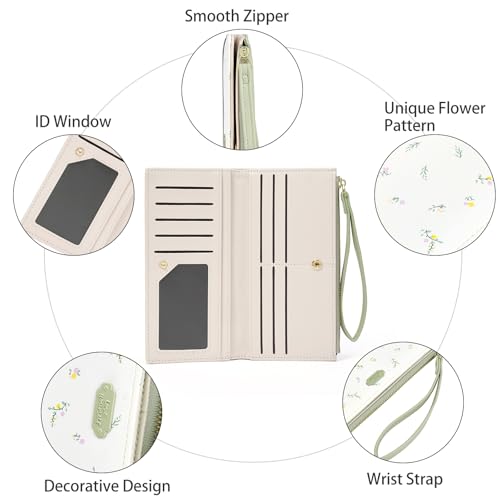 Womens Wallet Ultra Slim Floral Long Bifold Wallet for Women Card Holder with Zipper Pocket - color: C01 Green