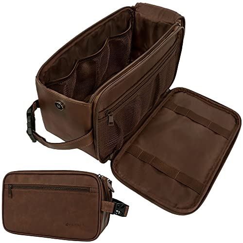 PAVILIA Toiletry Bag for Men, Travel Essentials Shaving Dopp Kit, Mens Travel Bag Toiletries Organizer Case for Grooming, PU Leather Water Resistant Cosmetic Bag Pouch (XL, Dark Brown) - color: Dark Brown, size: Extra Large (12x6x7)