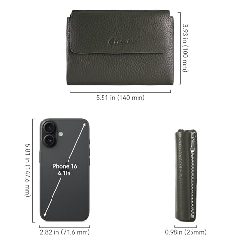 Women's Bifold Wallet, Genuine Leather, Magnetic, ID Window | Holds 10+ Cards, 2 Zip Coin Pockets, Pebbled Cowhide, Snap Closure, Large Capacity, Multiple Colors, Compact 5.5x3.9in - color: B-Dark Olive