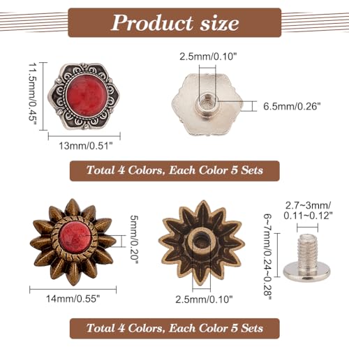 AHANDMAKER 40 Sets 8 Style Coin Screw Rivets Decorative Buckle Sunflower Shape Castings Screw Back Button for Leather Screw Back Manual DIY Decoration