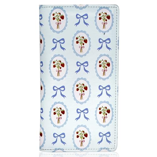 LOLOMLO Checkbook Cover for Men & Women, RFID Blocking PU Leather Check Book Register Case for Duplicate Checks, Personal Checkbook Holder for Top Side Tear, Pen Holder & Plastic Divider - color: Light Blue Strawberry Bow2
