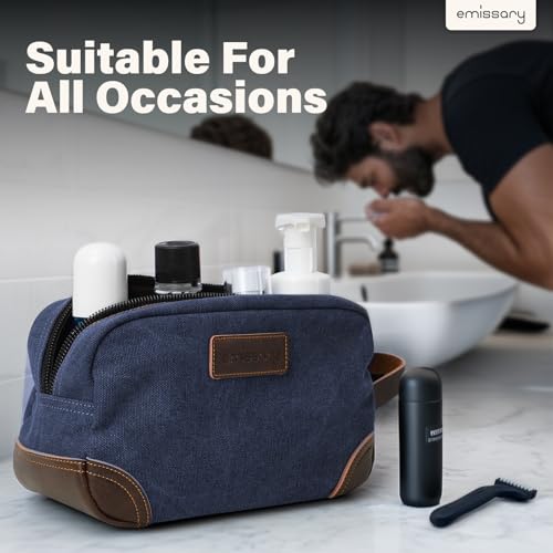 emissary Men's Toiletry Bag, Leather and Canvas Travel Toiletry Bag, Dopp Kit for Men, Travel Bathroom Bag Men's Shaving Kit, Travel Kit Small Bags for Men, Shaving Bag for Travel Accessories (Blue) | Durable canvas & PU leather, water-resistant lining, s