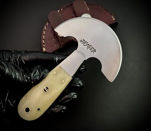 Handmade Round Head Knife | Carbon Steel | Half Moon Leather Working Tool | Bone Handle | Skiver for DIY Leathercraft With Leather Sheath