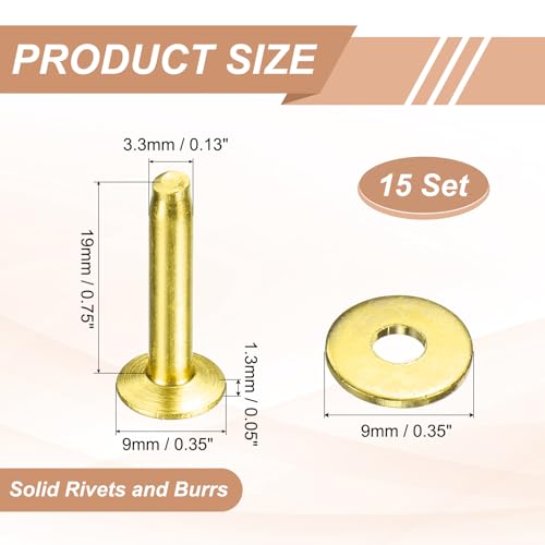 HARFINGTON 15Set Brass Rivets and Burrs Washers 9x3.3x19mm Dimpled Finish Solid Leather Rivet Fastener Studs Posts for Leather DIY Craft Belts Wallets Collars, Gold Yellow - color: Gold Yellow, size: 9x3.3x19mm