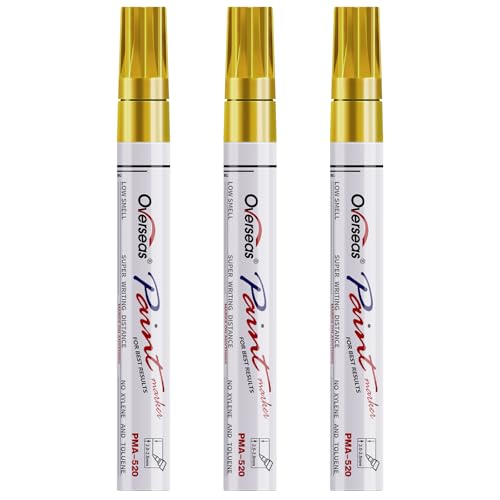 Overseas Gold Paint Pens Permanent Markers, 3 Oil Based Paint Makrers | Medium Tip, Waterproof, Quick Dry, Fade Resistant, Bright Colors Marker Pen for Rubber, Metal, Wood, Plastic, Rock, Canvas - color: Gold