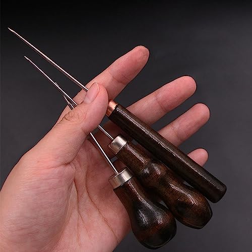 UtySty 3 Pack Scratch Awl Tool with Wooden Handle Gourd Shape Pin Punching for Leather Punch Hole Craft Repair Shoes Sewing Crochet DIY Handmade Stitch