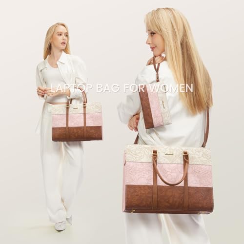 LOVEVOOK Laptop Bag for Women, 15.6 Inch Laptop Tote Bag, Vintage Leather Work Bags for Women, Waterproof Computer bag with Clutch Purse, Large Capacity Briefcase, Business Office Bag - color: Pink-white-brown Embossed, size: 15.6 inch