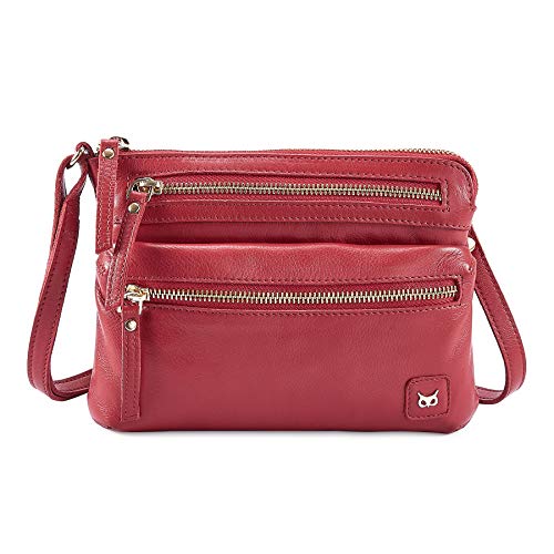 Small Leather Crossbody Bag for Women Adjustable Sling Purse Multi Pocket | Genuine Top Grain Leather, 4 Zip Pockets, Cross Over for Travel, Gift for Women, Phone Pocket - color: Red Nappa