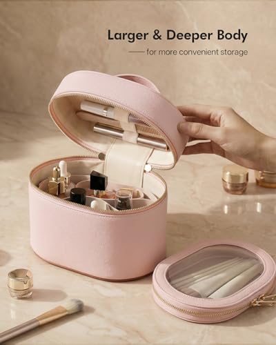 Prite 2 Pcs Makeup Bag Set Travel Cosmetic Case with Clear Pouch for Women | Removable Divider, Vanity Case, Waterproof, Vegan Leather, Elastic Slot, Dual Zipper, Structured, Easy Clean - color: Light Pink