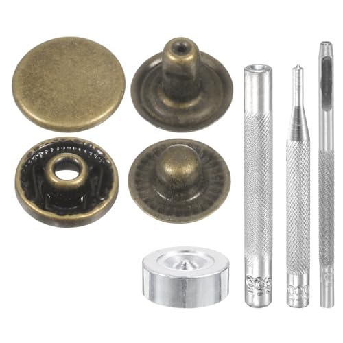 HARFINGTON 24Set Leather Snaps Fasteners Kit 10mm Dia Brass Press-Stud Cap Button 2.76" Length Metal Snap Buttons with 4 Install Tools for Coat Bag Leather Marine Boat Canvas, Bronze - color: Bronze