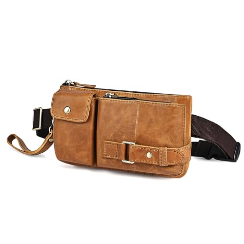 Water Resistant Canvas + Leather Hiking Riding Travel Fanny Waist Pack Small Phone Pouch For Men Women FB811-29 (100% Leather-The 8135 Light Brown) - color: 100% Leather-The 8135 Light Brown