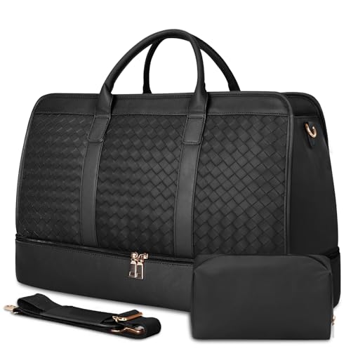 Bolosta Travel Duffle Bag for Men Women, PU Leather Duffel Bag for Traveling, Large Carry on Weekender Overnight Bag with Shoe Compartment, Perfect for Travel/Daily Use - color: C-Black