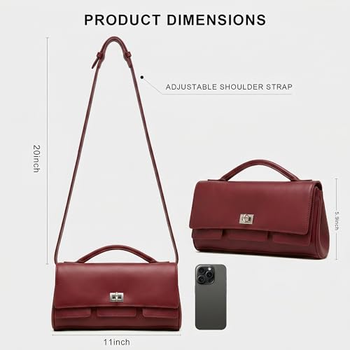 Genuine Leather Shoulder Bag for Women Top Handle Handbag Crossbody Purse | Silver-Tone Turn-Lock Closure, Adjustable Shoulder Strap, Smooth Zipper and Organized Interior with Convenient Card Slots - color: Red