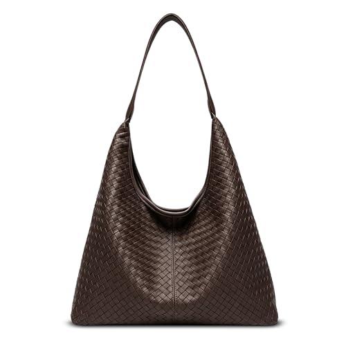 Woven Textured Vegan Leather Hobo Tote Bag Large Slouchy Purse for Women | Trendy work handbag with magnetic closure and interior pockets. Chic aesthetic satchel ideal to carry daily travel essentials - color: Coffee