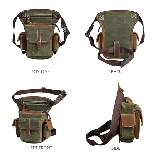 Water Resistant Canvas + Leather Motorcycle Travel Fanny Waist Pack Drop Thigh Leg Bag Pouch For Men Women FB913-5 - color: The Army Green