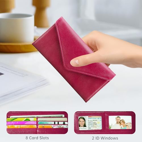 Women's Card Wallet Envelope Style RFID Blocking Credit Card Holder Long Cash Wallet for Ladies, Rose Red - color: Rose Red
