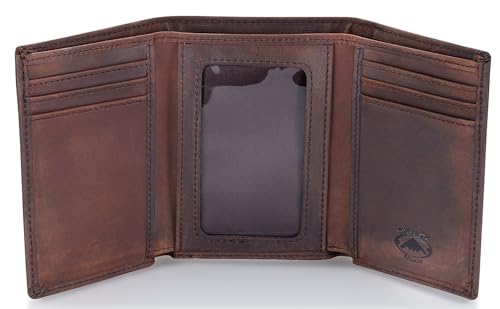 Stealth Mode Trifold Leather Wallet for Men with RFID Blocking (Brown) | Top Grain Napa Leather, 9 Card Slots, ID Window, Gift Box – Gift for Dad, Husband, or Son - color: Brown