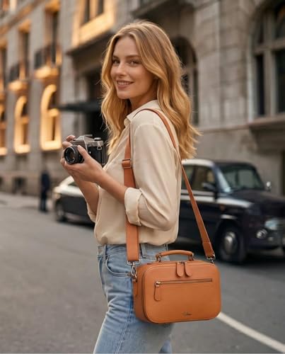 Camera Sling Bag, Waterproof PU Leather Crossbody Camere Bag for Photographers, Small Shockproof Case with Removable Dividers for DSLR/SLR/Mirrorless, 4L Brown - color: Brown