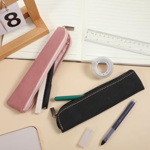 Leather Pencil Pouch, 2 Pcs Slim Pencil Case Portable Small Pencil Pouch Soft Flat Pen Bags with Zipper Simple Makeup Bag Lipstick Case for Women Men Home, Office, Travel Outdoor (Black, Pink) - color: Pink, Black