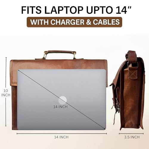 Leather Messenger Bag for Men - 14 Inch Laptop Briefcase, Vintage Satchel - color: 14 Inches (Brown)