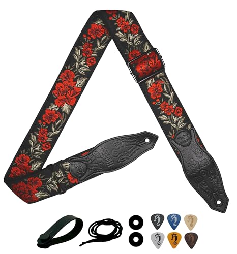 rockyou 2 Inch Woven Jacquard Embroidery Bass Guitar Strap With 4 Picks Pocket Suede Genuine Leather End (Vintage Red Rose) - color: Vintage Red Rose