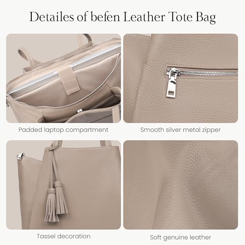 befen Genuine Leather Tote Bag for Women Work Leather Totes Purse Handbag | Real Leather, 14" Laptop Sleeve, Tassels, Multi-Pockets, Zipper - color: Taupe