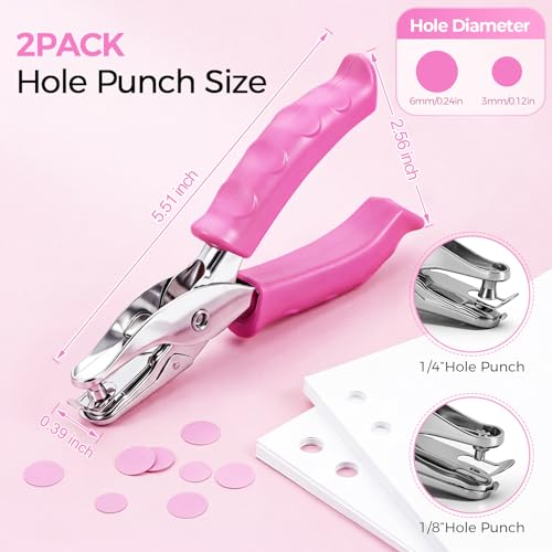 2 PCS Single Hole Punch, 1/4" and 1/8" Hole Puncher with Pink Soft Grip