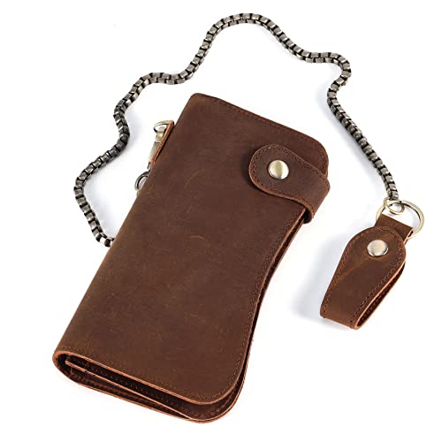 Vintage Crazy Horse Leather Wallet for Men with Detachable Chain, RFID Blocking Biker Long Wallet Holds Phone, Cash & 14+ Cards, Brown Motorcycle Rfid Wallet - color: Brown