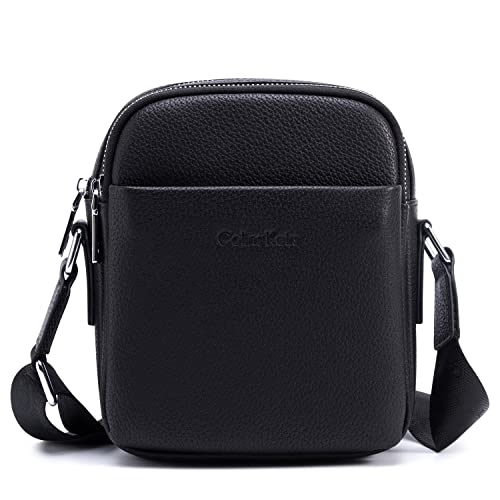 Black Leather Crossbody Bag for Men, Small Satchel Bag | First layer cowhide, lychee patterned soft calf leather, small messenger bag for work and leisure